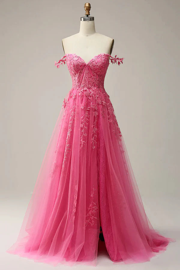 Wholesale Hot Pink Lace Long Prom Dress Spaghetti Strap Evening Dress Party Dress